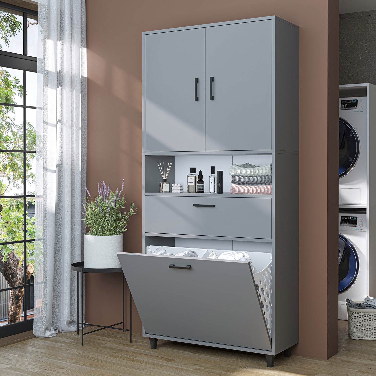 kirli çamaşır sepetli dolap çekmeceli çamaşır sepetli çok amaçlı dolap külgri 90 cm roomart