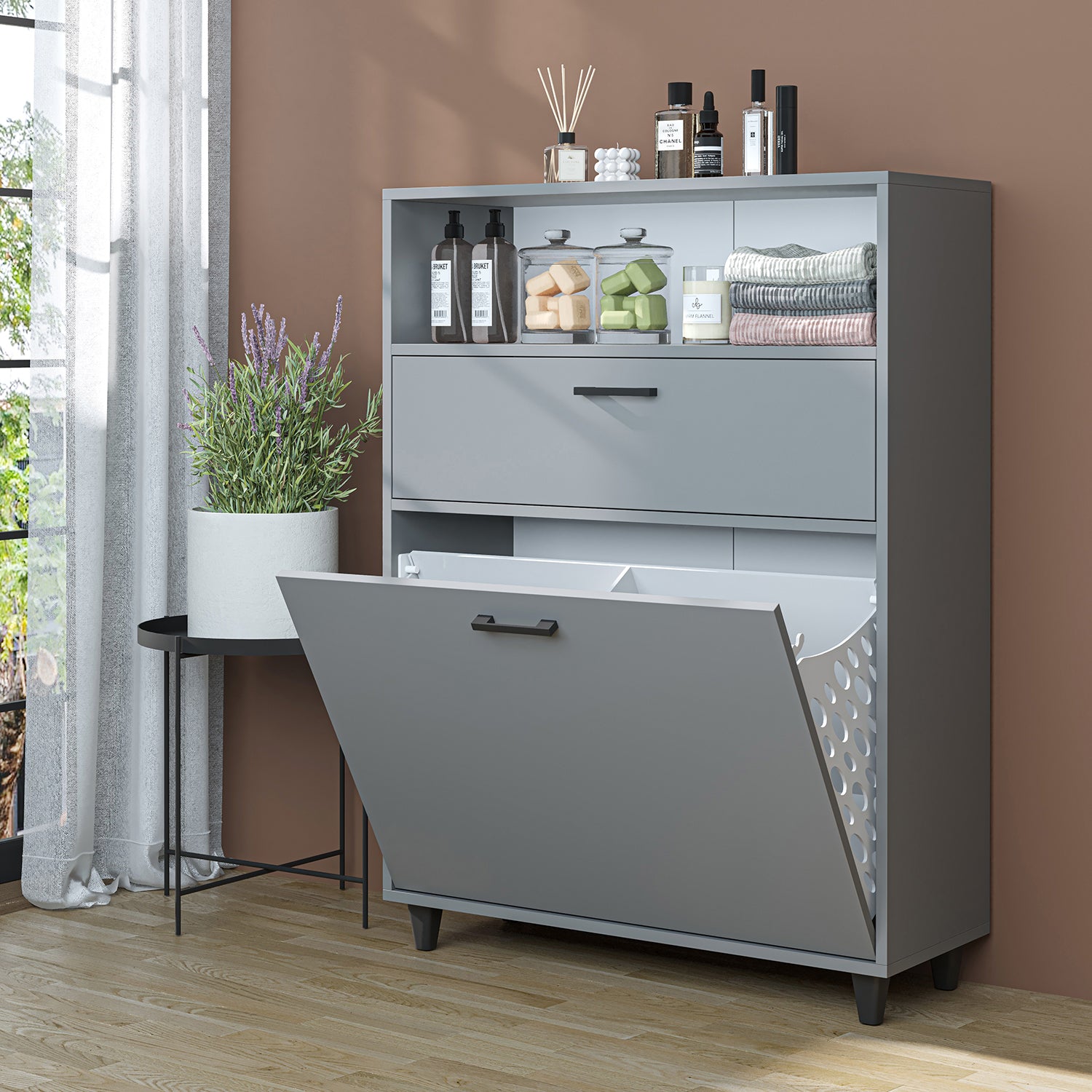 Kirli Çamaşır Sepetli Çekmeceli Banyo Dolabı Çok Amaçlı Dolap külgri 90 cm - Rim