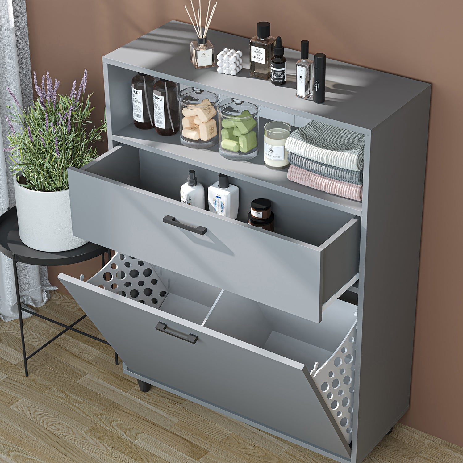 Kirli Çamaşır Sepetli Çekmeceli Banyo Dolabı Çok Amaçlı Dolap külgri 90 cm - Rim