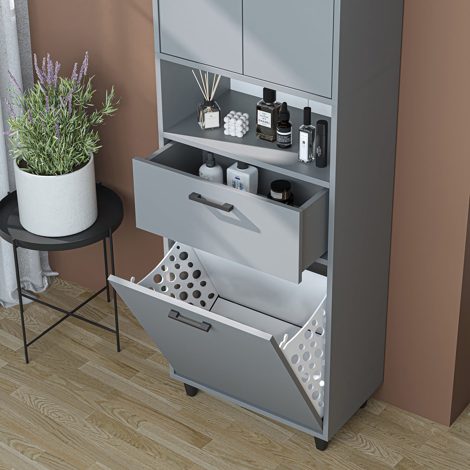 kirli çamaşır sepetli dolap çekmeceli çamaşır sepetli çok amaçlı dolap külgri 60 cm roomart