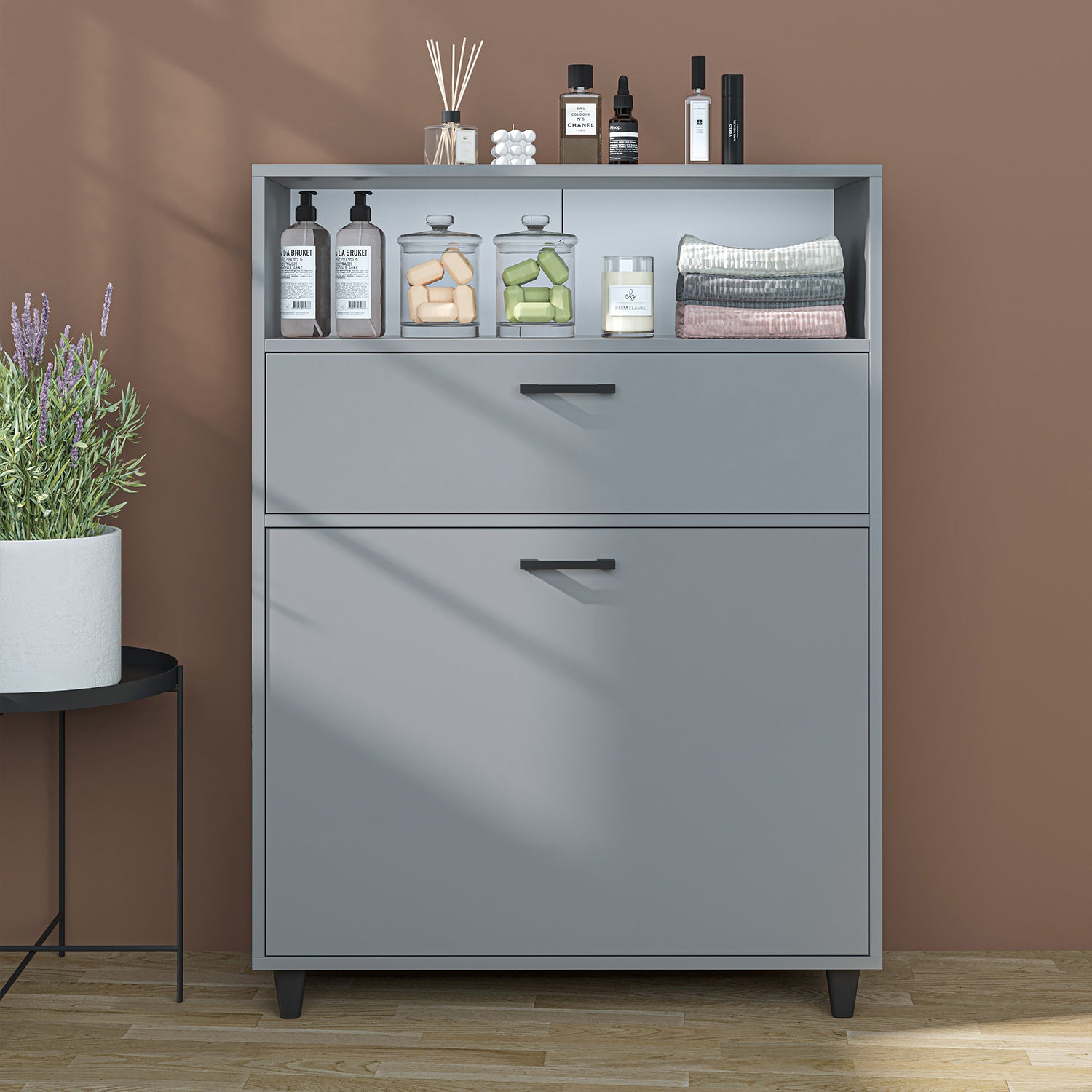 Kirli Çamaşır Sepetli Çekmeceli Banyo Dolabı Çok Amaçlı Dolap külgri 90 cm - Rim