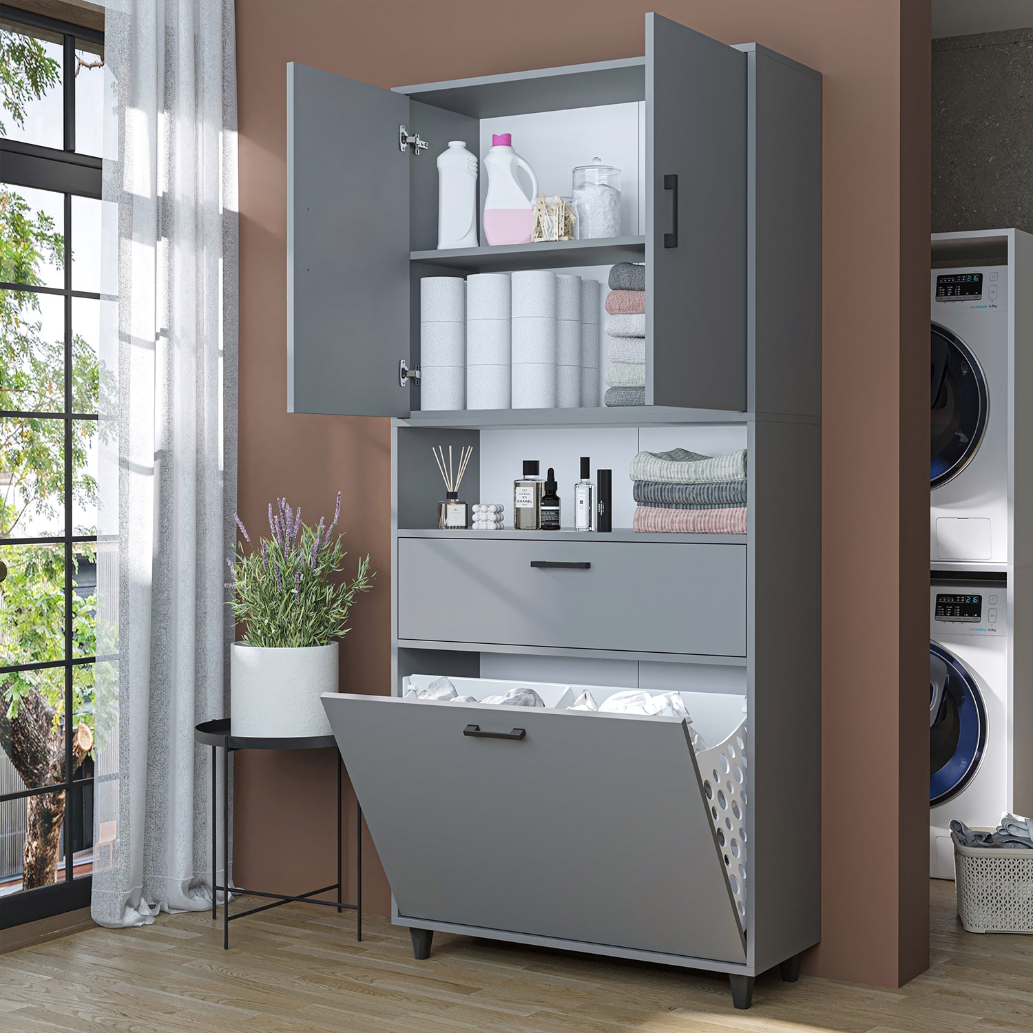 kirli çamaşır sepetli dolap çekmeceli çamaşır sepetli çok amaçlı dolap külgri 90 cm roomart