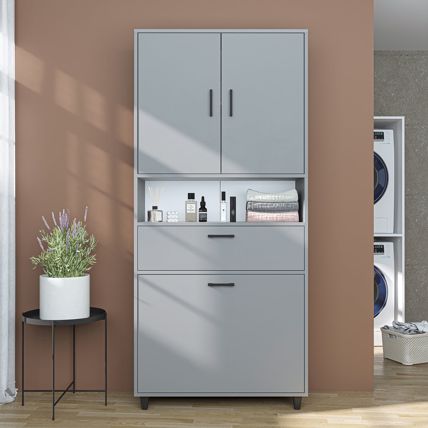 kirli çamaşır sepetli dolap çekmeceli çamaşır sepetli çok amaçlı dolap külgri 90 cm roomart