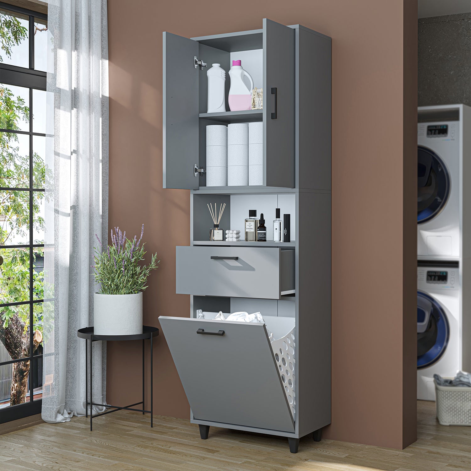 kirli çamaşır sepetli dolap çekmeceli çamaşır sepetli çok amaçlı dolap külgri 60 cm roomart