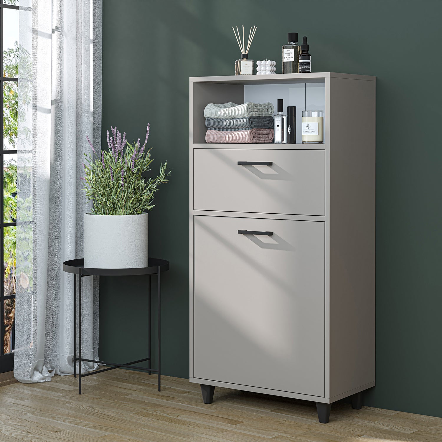 Kirli Çamaşır Sepetli Çekmeceli Banyo Dolabı Çok Amaçlı Dolap kumtaşı 60 cm - Rim