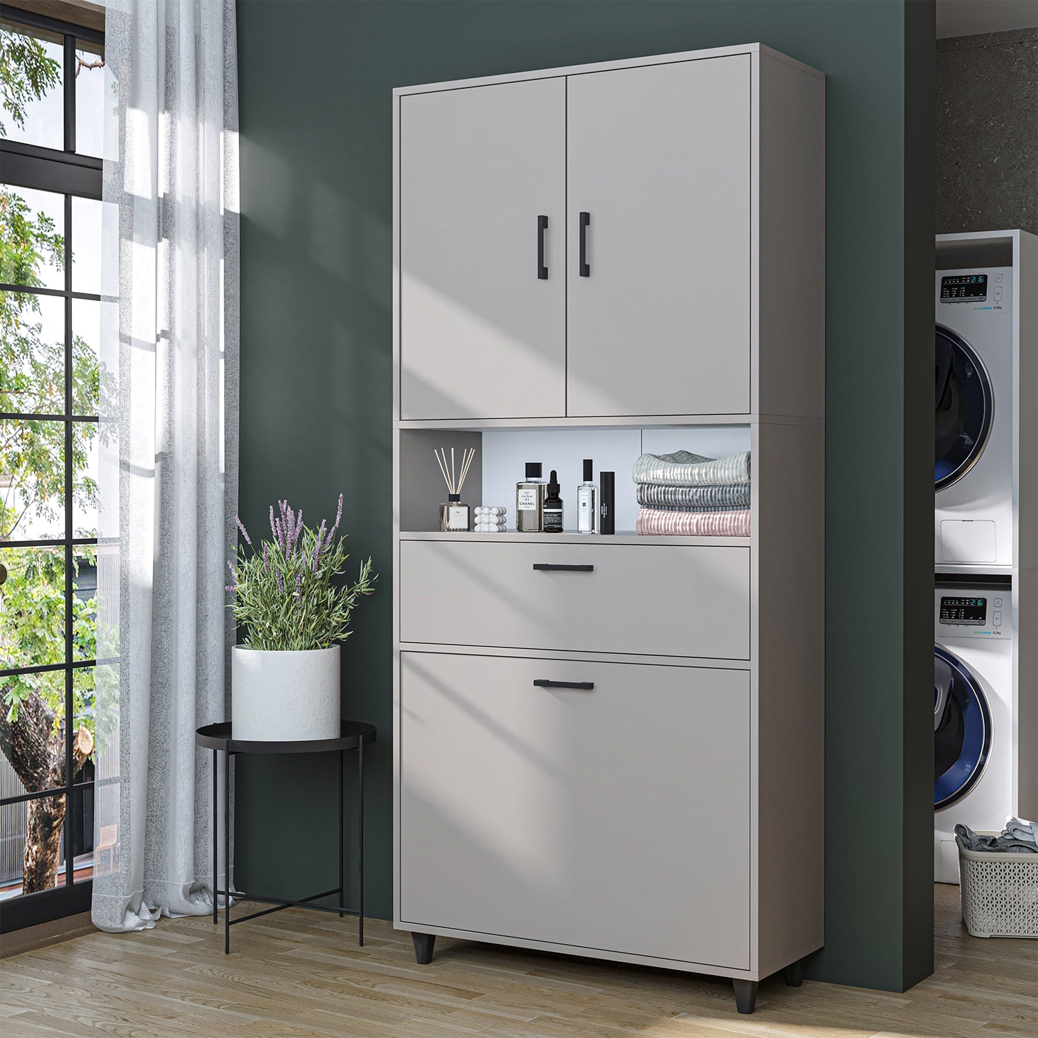 kirli çamaşır sepetli dolap çekmeceli çamaşır sepetli çok amaçlı dolap kumtaşı 90 cm roomart