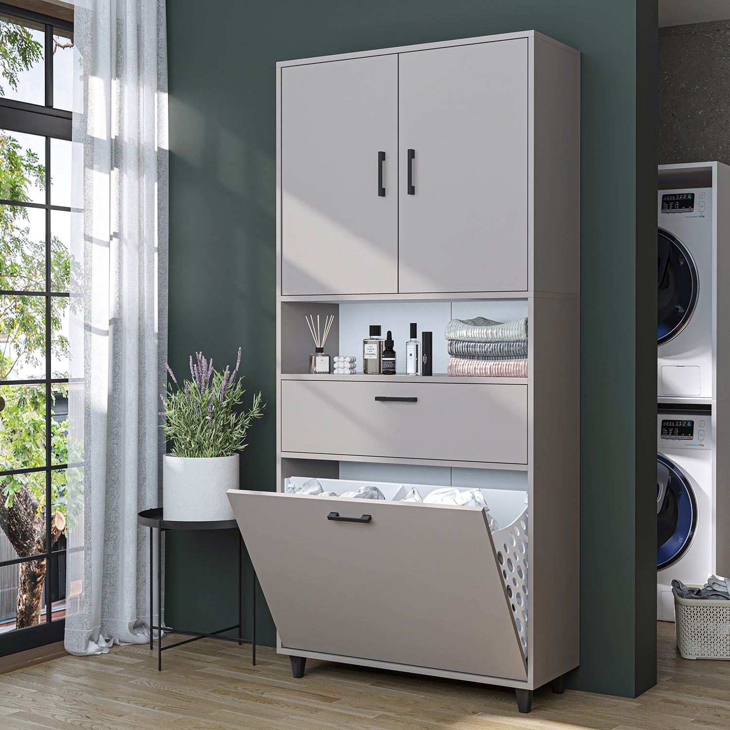 kirli çamaşır sepetli dolap çekmeceli çamaşır sepetli çok amaçlı dolap kumtaşı 90 cm roomart