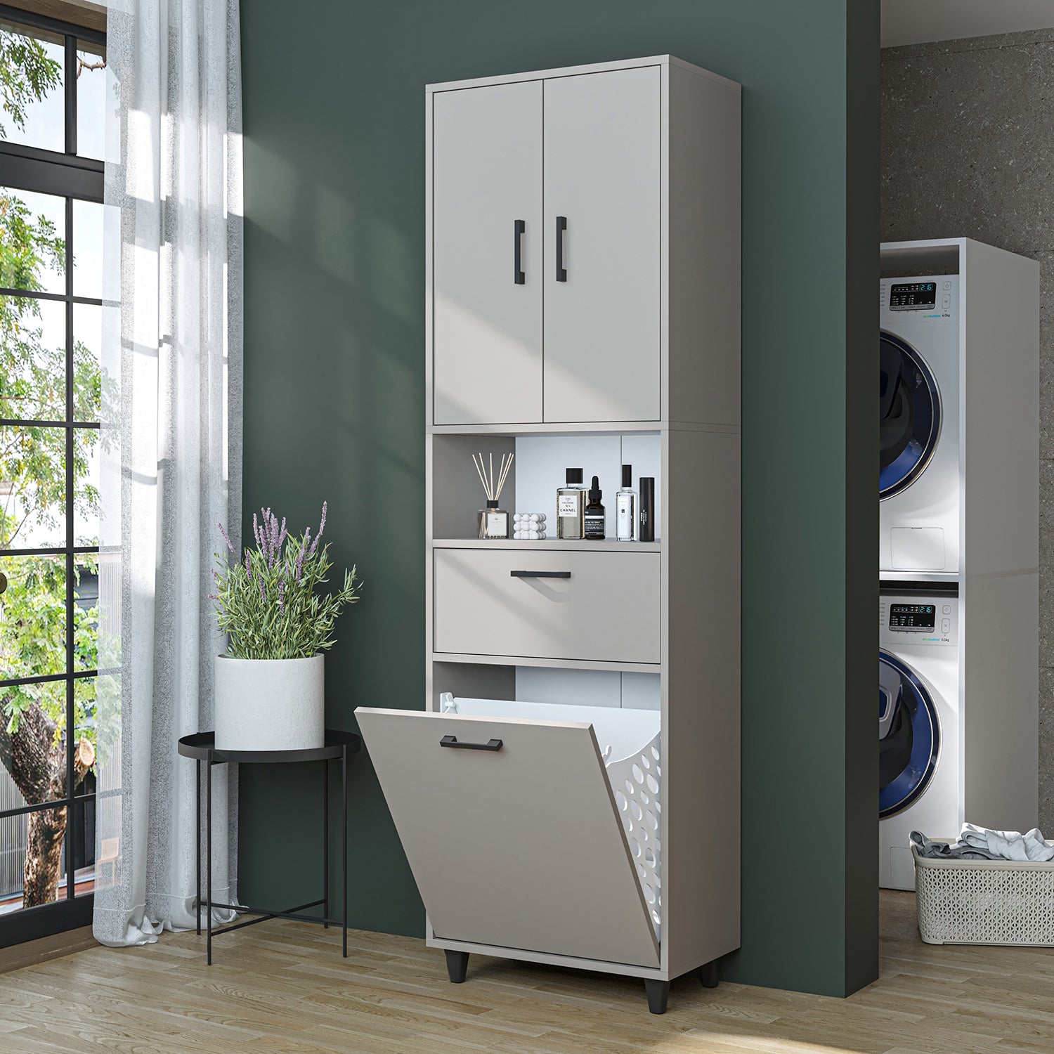 kirli çamaşır sepetli dolap çekmeceli çamaşır sepetli çok amaçlı dolap kumtaşı 60 cm roomart