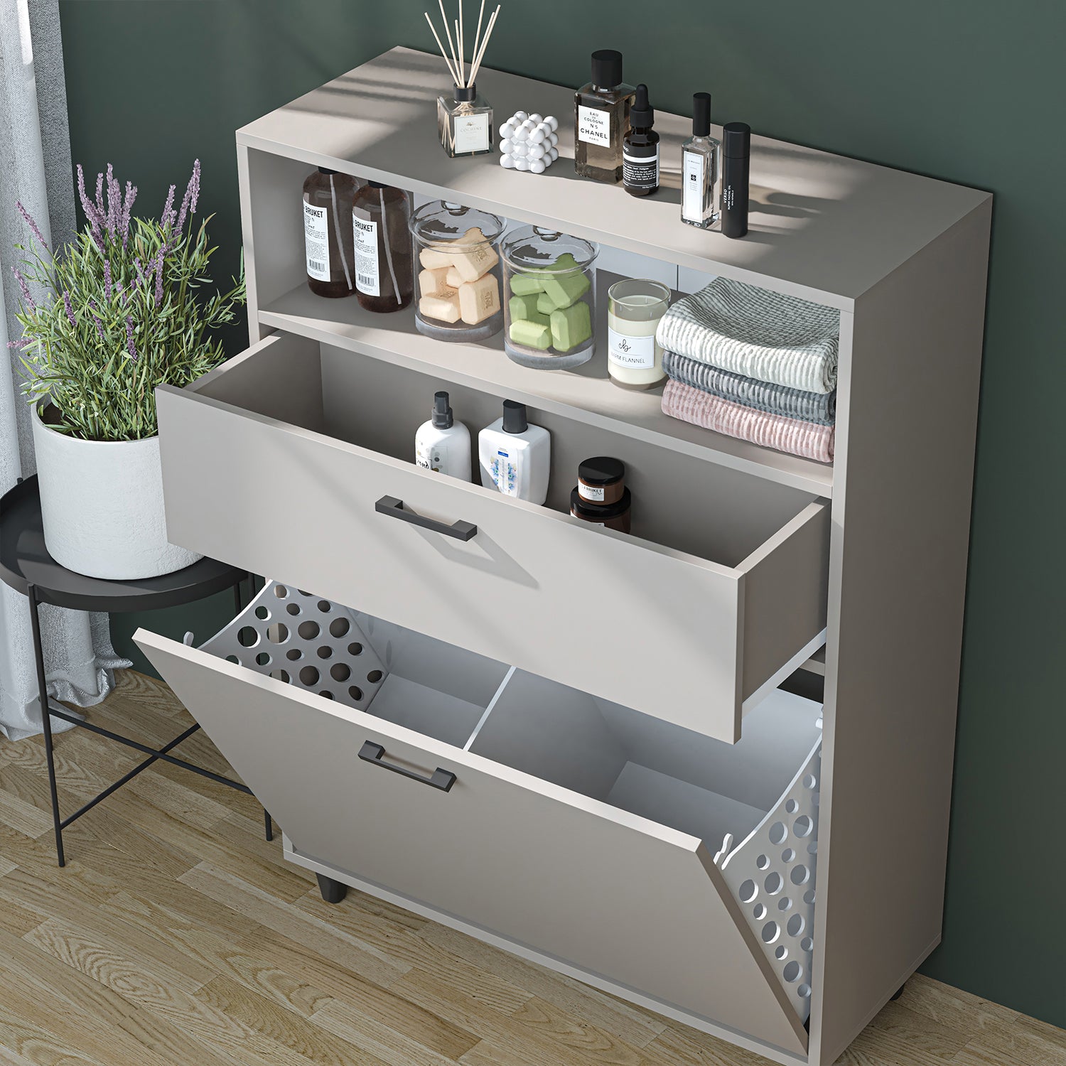 Kirli Çamaşır Sepetli Çekmeceli Banyo Dolabı Çok Amaçlı Dolap külgri 90 cm - Rim