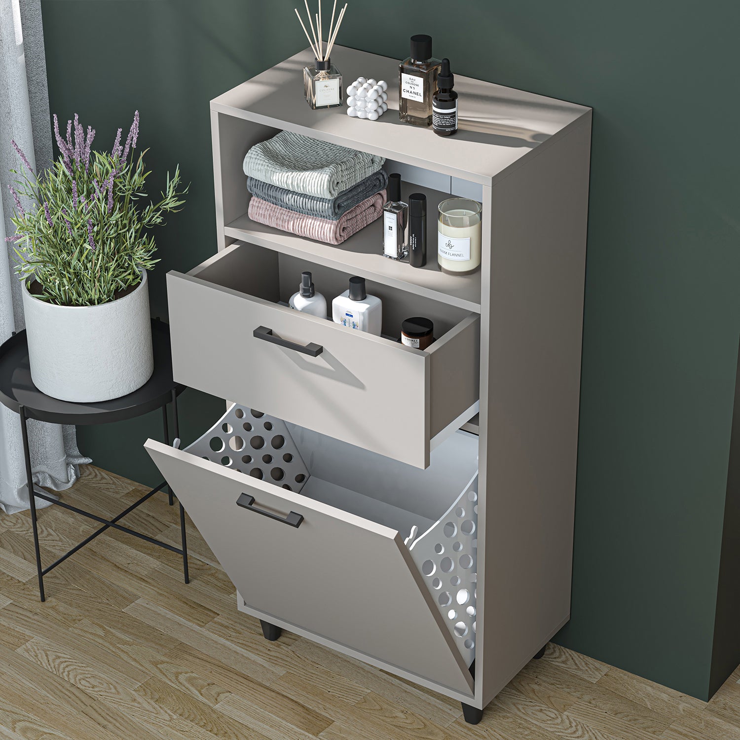 Kirli Çamaşır Sepetli Çekmeceli Banyo Dolabı Çok Amaçlı Dolap kumtaşı 60 cm - Rim