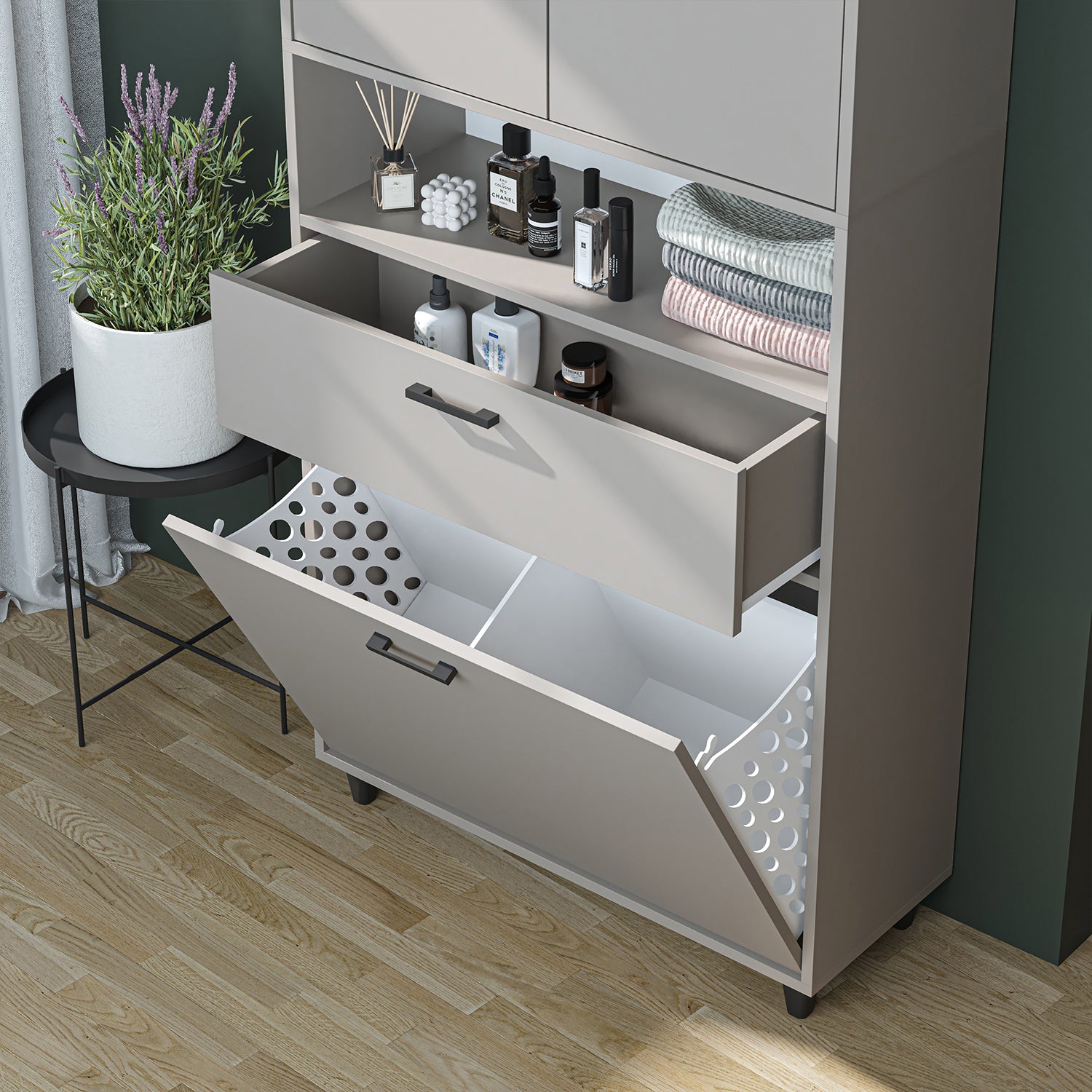 kirli çamaşır sepetli dolap çekmeceli çamaşır sepetli çok amaçlı dolap kumtaşı 90 cm roomart