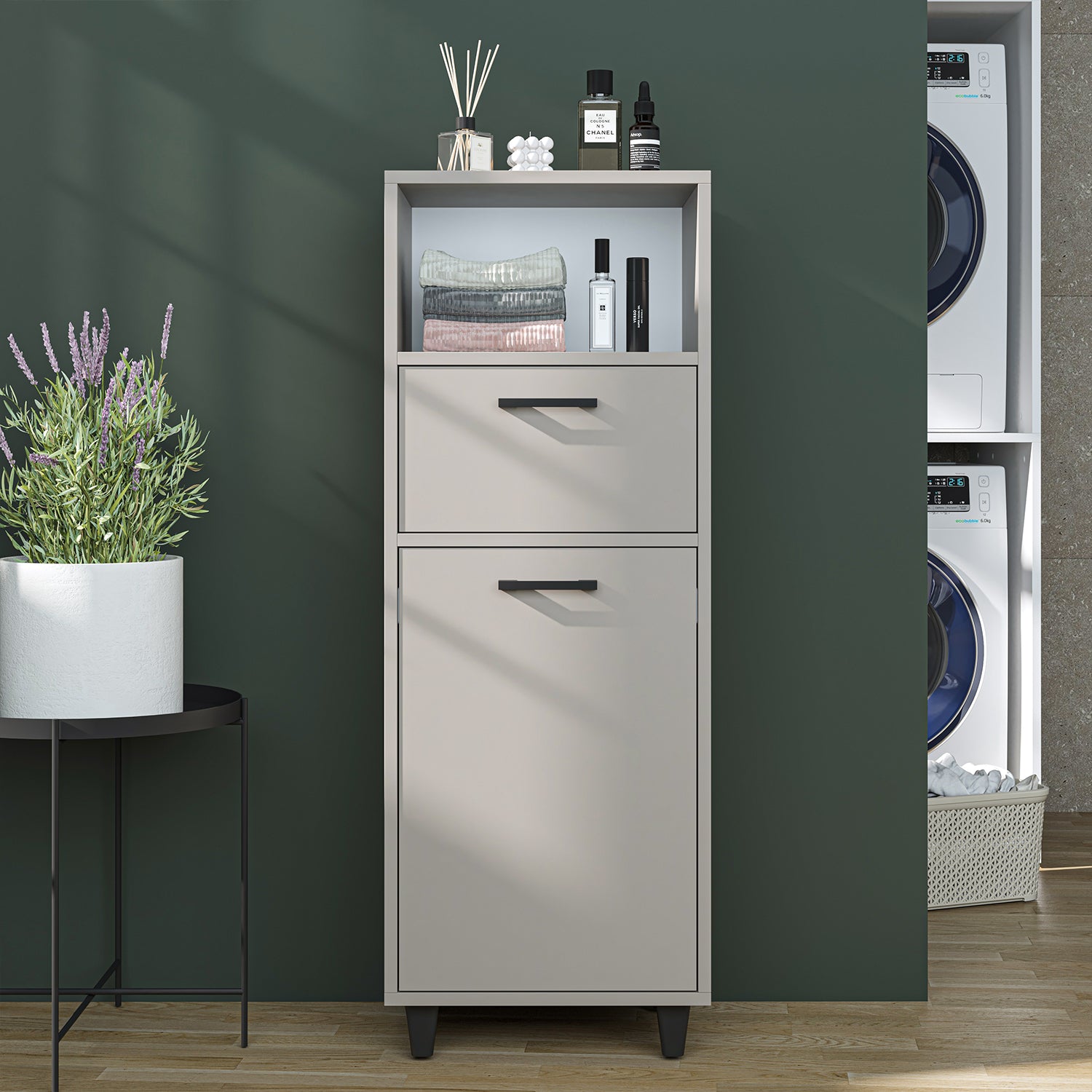 Kirli Çamaşır Sepetli Çekmeceli Banyo Dolabı Çok Amaçlı Dolap kumtaşı 45cm - Rim