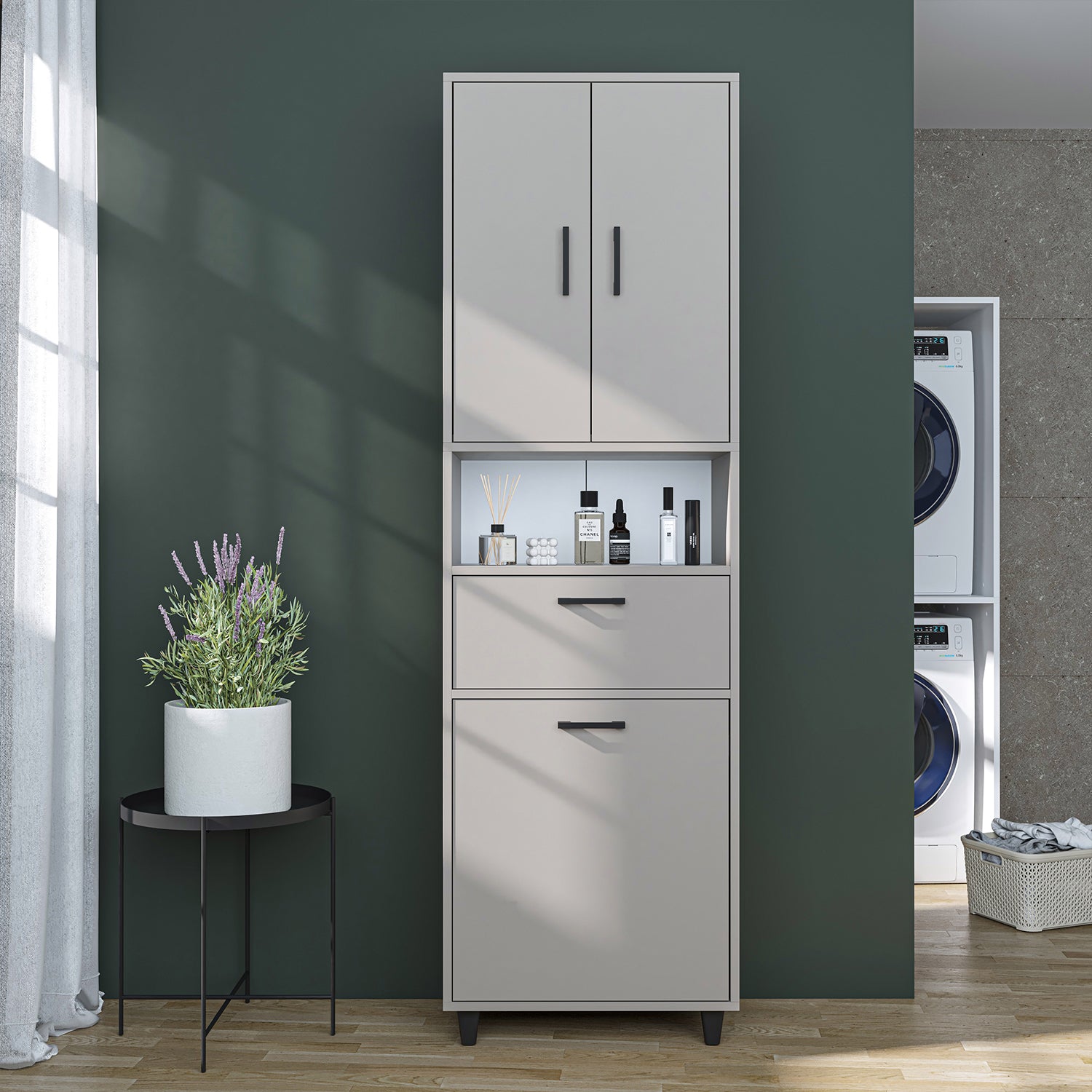 kirli çamaşır sepetli dolap çekmeceli çamaşır sepetli çok amaçlı dolap kumtaşı 60 cm roomart