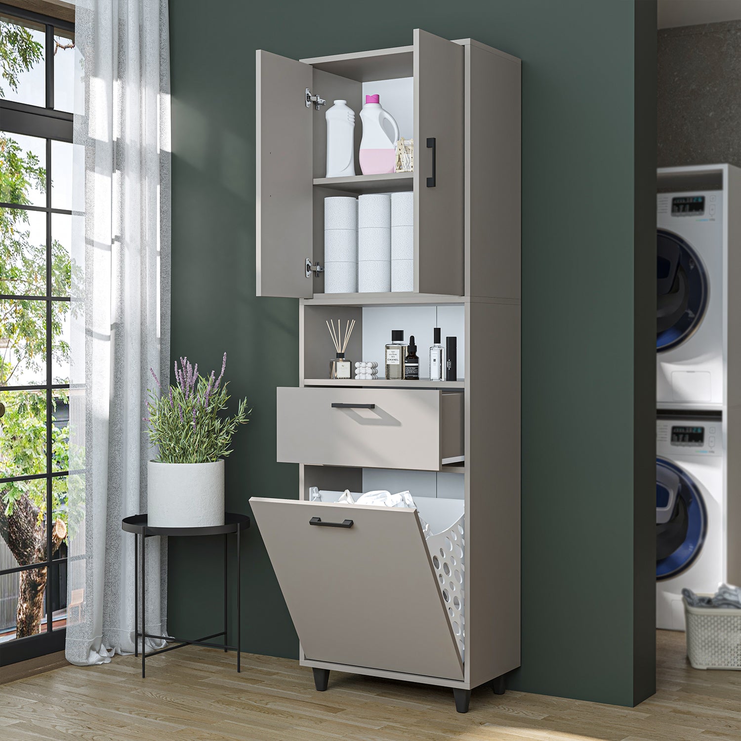 kirli çamaşır sepetli dolap çekmeceli çamaşır sepetli çok amaçlı dolap kumtaşı 60 cm roomart