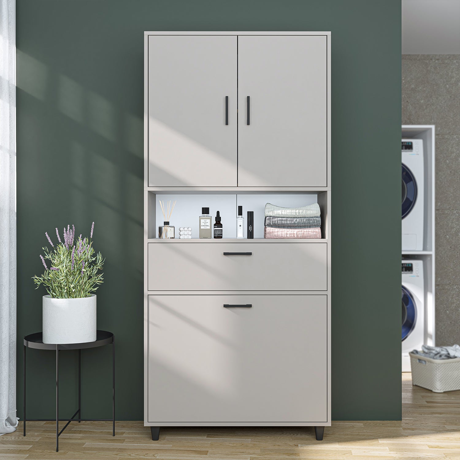 kirli çamaşır sepetli dolap çekmeceli çamaşır sepetli çok amaçlı dolap kumtaşı 90 cm roomart