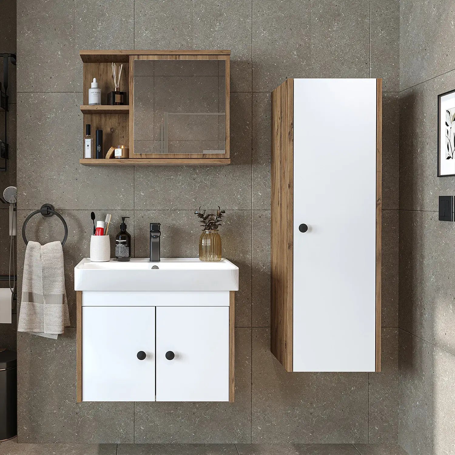 Lavabolu Banyo Dolabı 3lü Set - Ada - Roomartbanyo dolabı2870