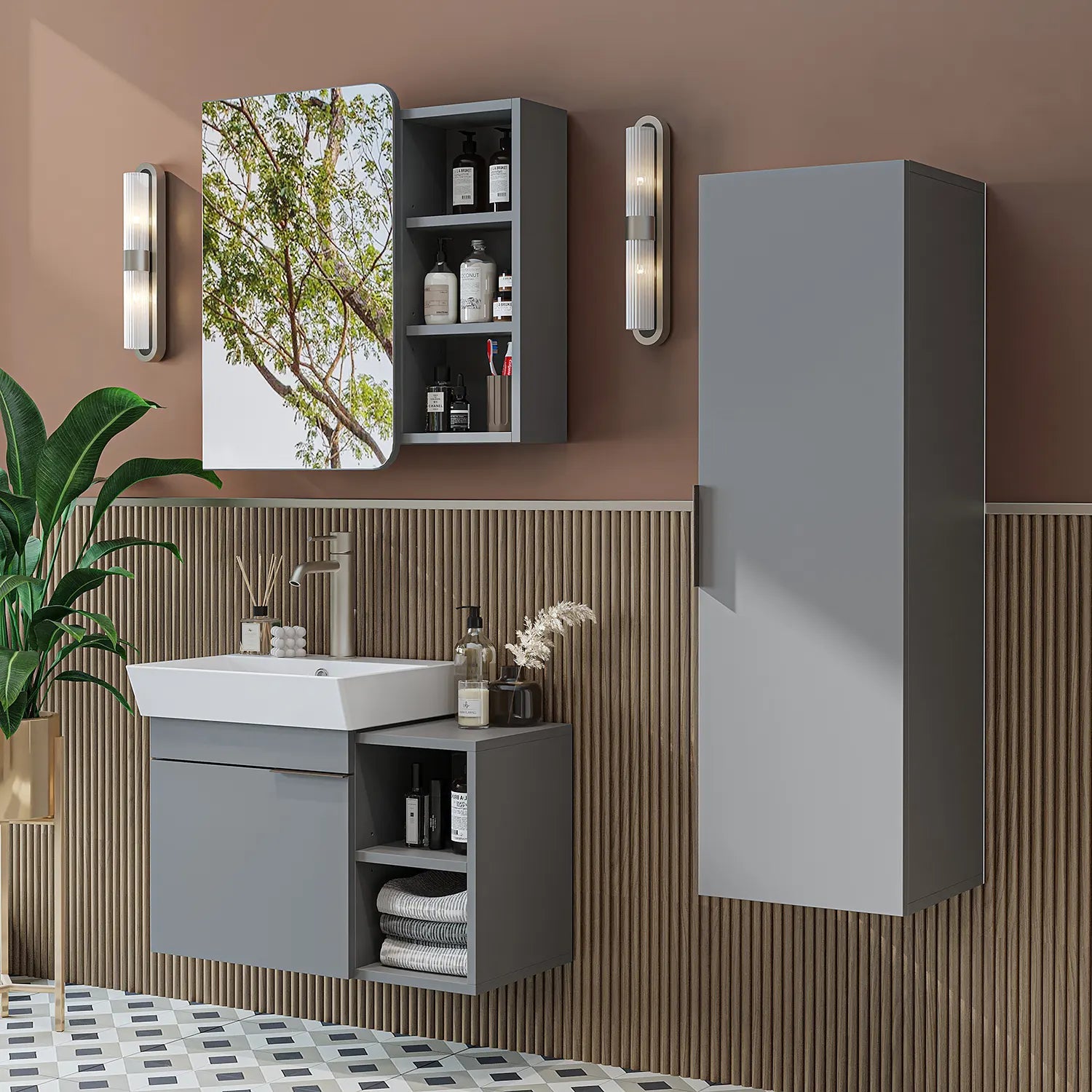 Lavabolu Banyo Dolabı 3lü Set - Likya - Roomartbanyo dolabı2933