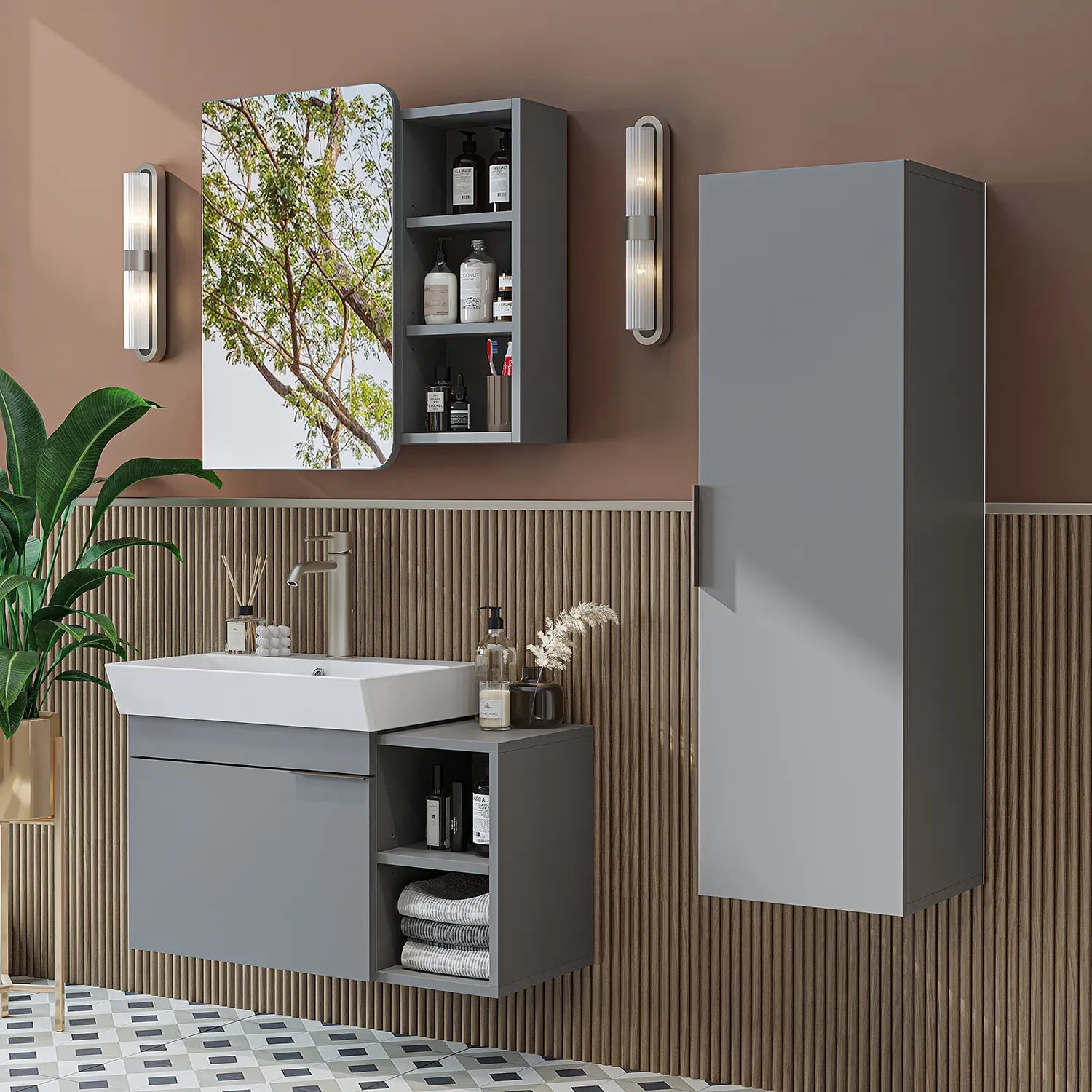 Lavabolu Banyo Dolabı 3lü Set - Likya - Roomartbanyo dolabı2934