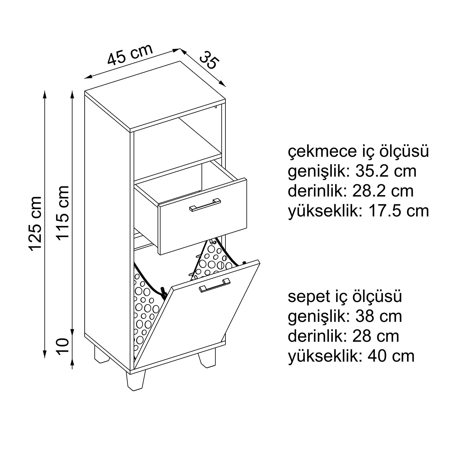 Kirli Çamaşır Sepetli Çekmeceli Banyo Dolabı Çok Amaçlı Dolap kumtaşı 45cm ölçü - Rim