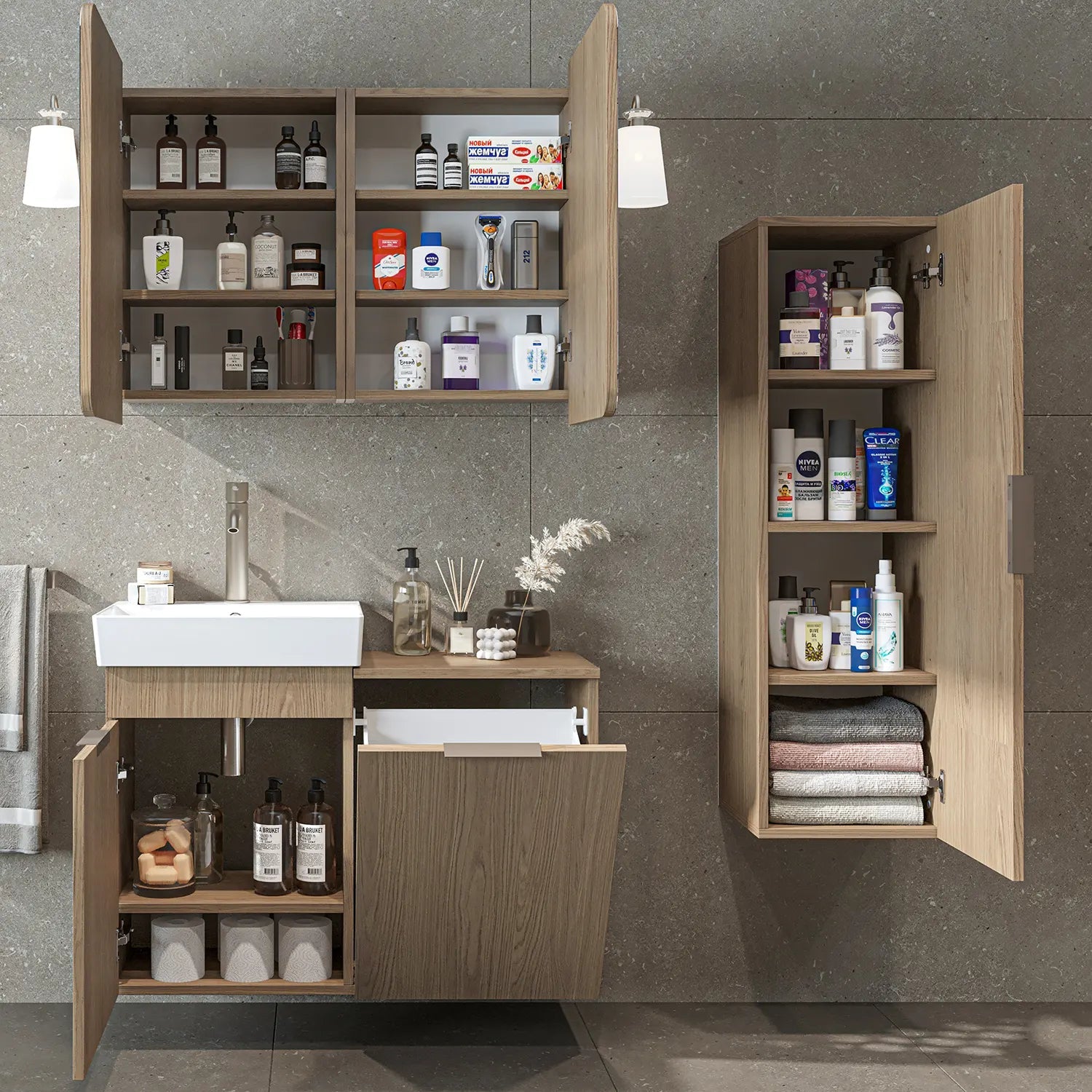 Sepetli Banyo Dolabı 3lü Set - Dubai - Roomartbanyo dolabı2996